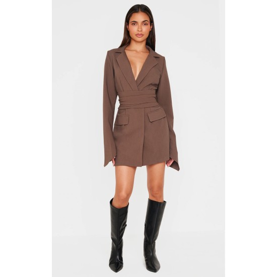 Chocolate Woven Wrap Belted Blazer Dress