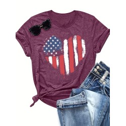 American Flag Print Crew Neck T-shirt, Short Sleeve Casual Top For Spring & Summer, Women’s Clothing – PRYCUS MITCHELL INC