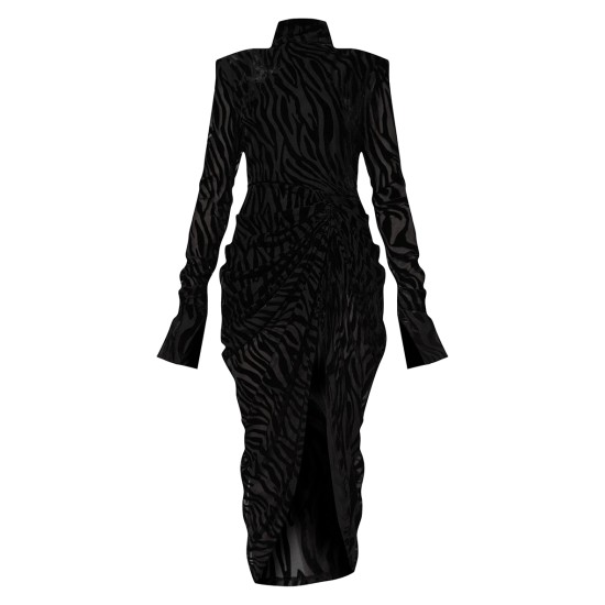 Black Zebra Print Devore High Neck Draped Midi Dress