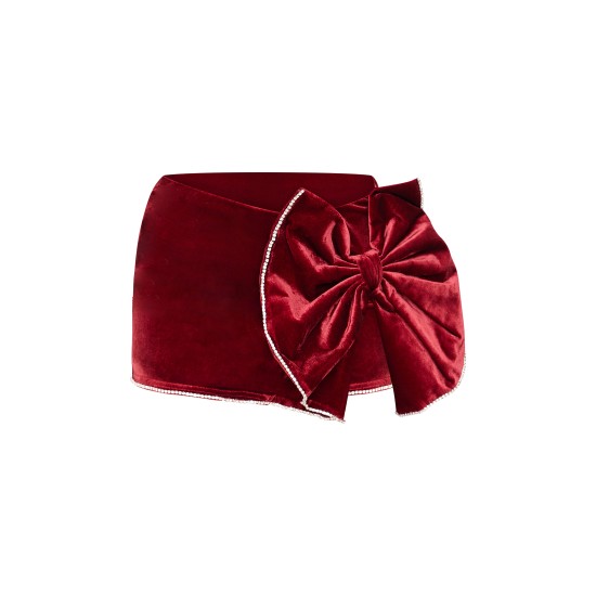 Burgundy Velvet Oversized Bow Diamante Trim Mini Skirt