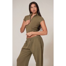 Olive Washed Zip Up Rib Panel Top