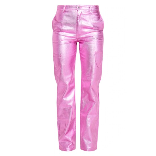 Pink Metallic Denim Stitch Detail Straight Leg Jeans