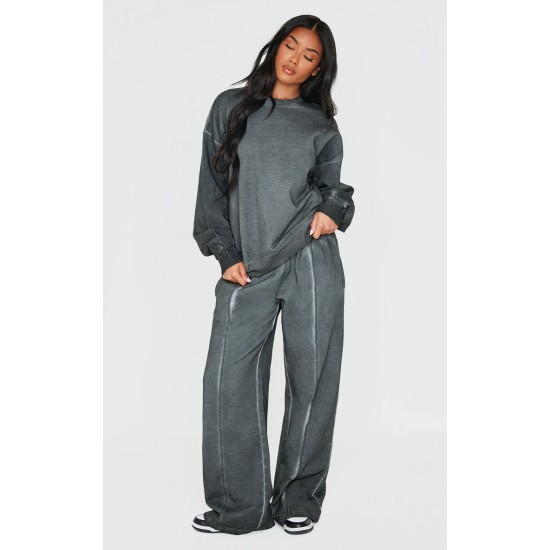 PRETTYLITTLETHING Washed Charcoal Premium Waist Wide Leg Sweatpants