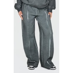 PRETTYLITTLETHING Washed Charcoal Premium Waist Wide Leg Sweatpants