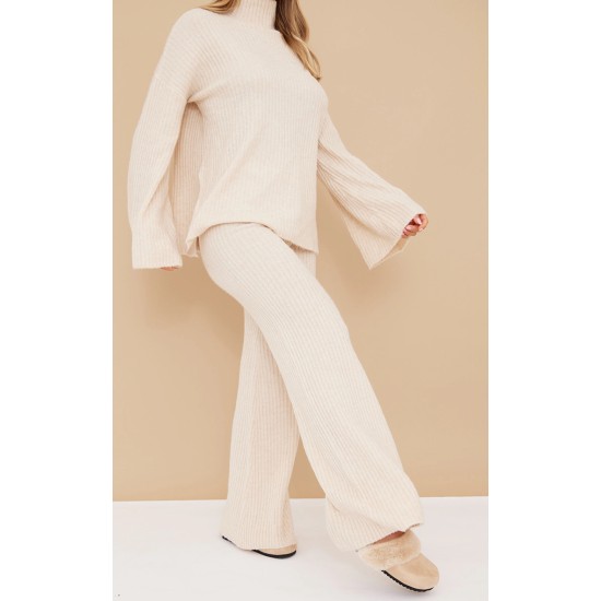 Oatmeal Luxe Rib Knit Wide Leg Pants