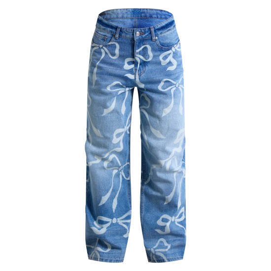 Light Blue Ribbon Detail Laser Print Jeans