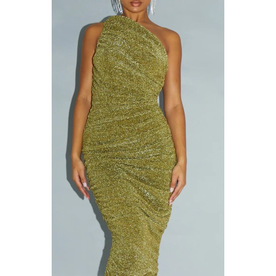 Gold Glitter Plisse Ruched One Shoulder Midi Dress