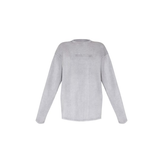 PRETTYLITTLETHING Light Grey Embossed Logo Washed Long Sleeve T-shirt