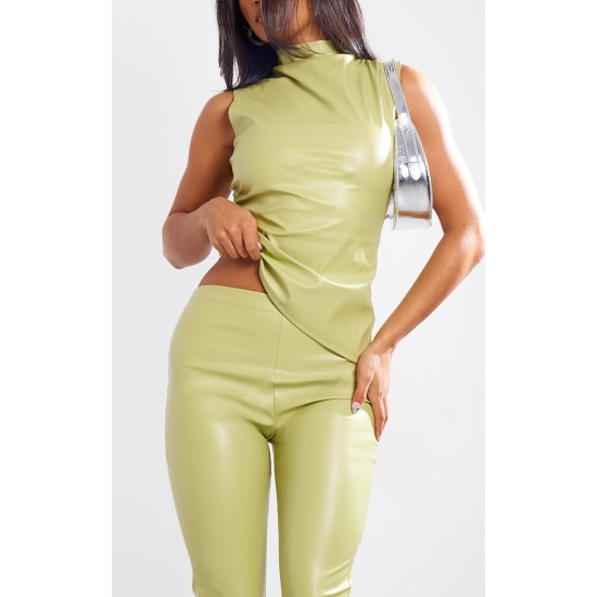 Olive Faux Leather High Waisted Flared Pants