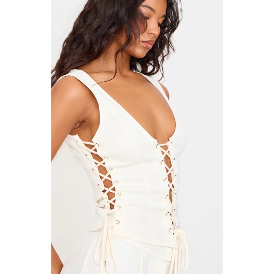 Cream Woven Lace Up Detail Plunge Sleeveless Top