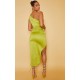 Olive Satin One Shoulder Pleat Detail Midi Dress