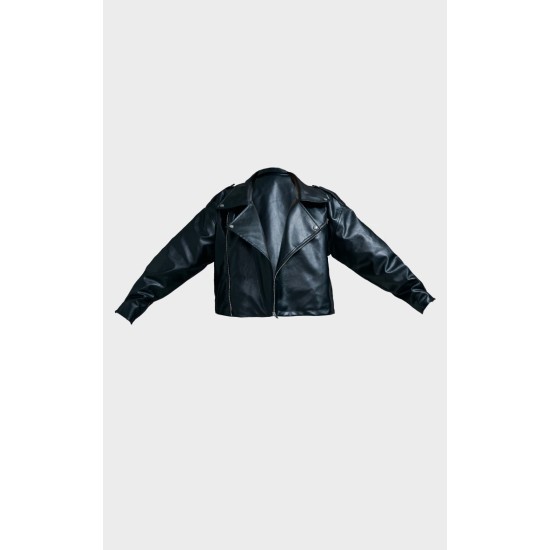 Plus Black Faux Leather Contrast Quilted Lining Oversized Biker Jacket