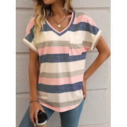 Striped Print V Neck Pocket T-Shirt, Casual Short Sleeve T-Shirt For Spring & Summer, Women’s Clothing – PRYCUS MITCHELL INC