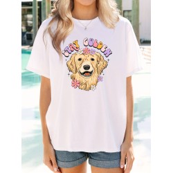 Golden Retriever Print Round Neck T-Shirt, Sports Trendy Short Sleeve T-Shirt, Women’s Clothing – PRYCUS MITCHELL INC