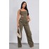 Khaki Twill Pocket Detail High Waist Cargo Pants