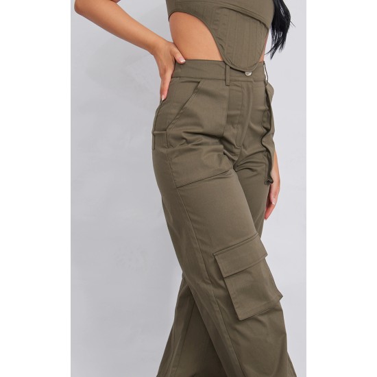 Khaki Twill Pocket Detail High Waist Cargo Pants