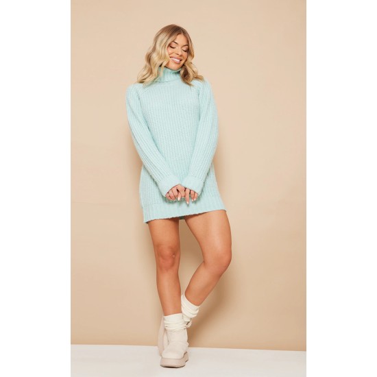 Sage Rolled Neck Super Chunky Knit Sweater Dress