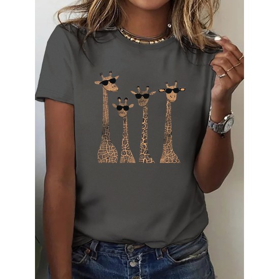 Cute Giraffes Print Crew Neck T-shirt, Casual Short Sleeve Top For Spring & Summer, Women’s Clothing – PRYCUS MITCHELL INC