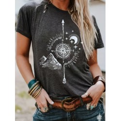 Compass Print T-shirt, Casual Crew Neck Short Sleeve Summer T-shirt, Women’s Clothing – PRYCUS MITCHELL INC