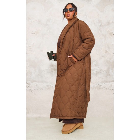 Plus Dark Brown Maxi Belted Quilted Coat