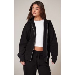 PRETTYLITTLETHING  Black Premium Embroidered Zip Front Oversized Hoodie