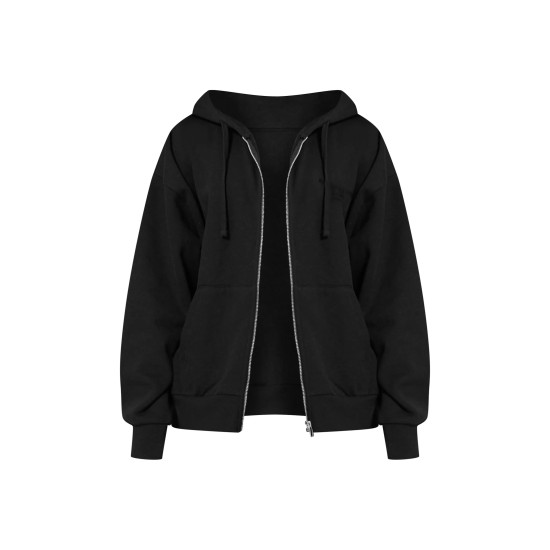 PRETTYLITTLETHING  Black Premium Embroidered Zip Front Oversized Hoodie