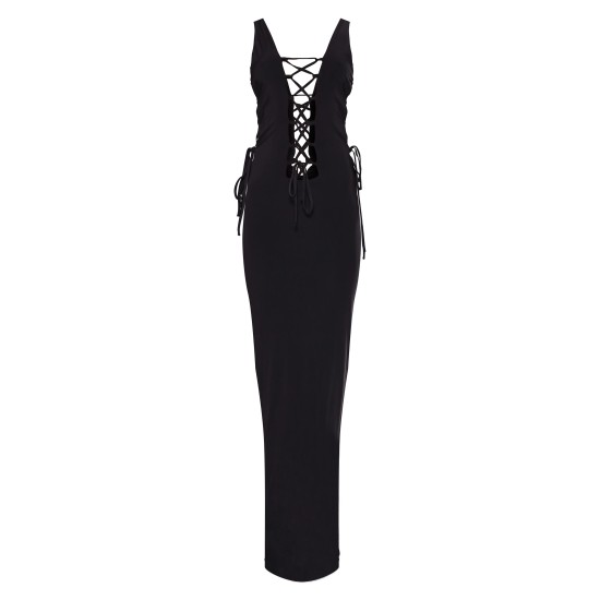 Petite Black Double Layer Lace Up Detail Maxi Dress