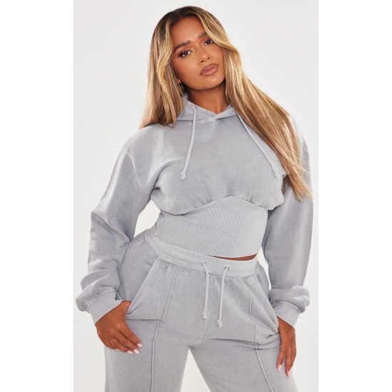 Shape Light Grey Sweat Cropped Shirred Waist Hoodie