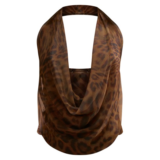 Brown Mesh Printed Halter Neck Top