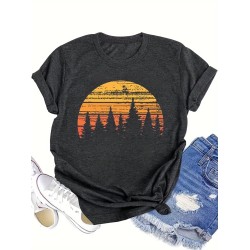 Forest & Sunset Print T-shirt, Casual Short Sleeve Crew Neck Top, Women’s Clothing – PRYCUS MITCHELL INC