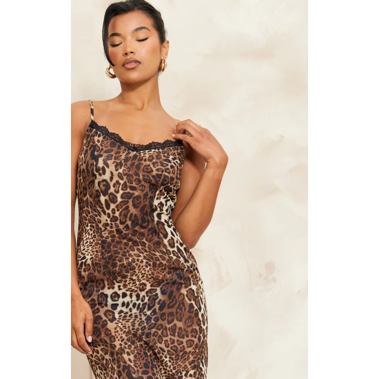 Brown Leopard Print Chiffon Lace Trim Strappy Maxi Dress