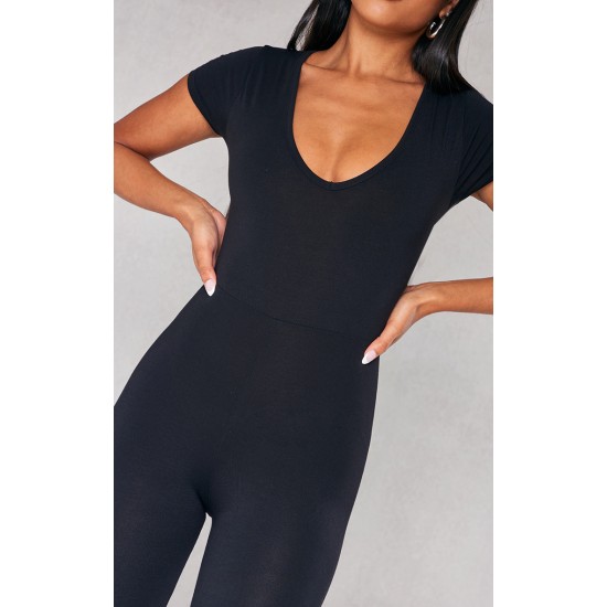 Black V Neck Short Sleeve Jersey Jumpsuit