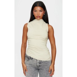 Stone High Neck Ruched Asymmetrical Long Top