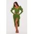 Green Glitter Plisse Puff Sleeve V Bar Draped Midi Dress