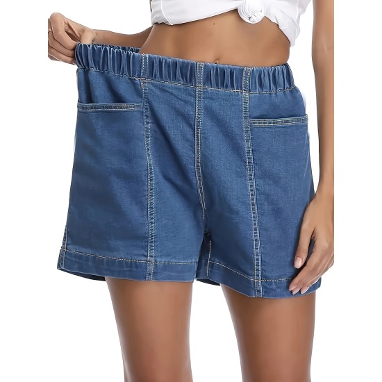 Plain Washed Blue Elastic Waist Denim Shorts, Sporty Style Comfy Versatile Women’s Denim Shorts With Pockets – PRYCUS MITCHELL INC