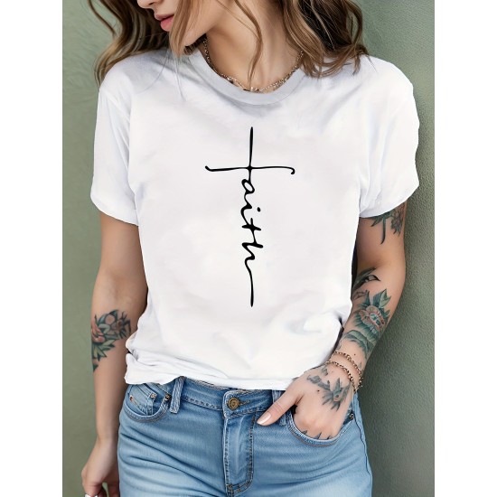 Women’s Faith Print Short Sleeve T-Shirt, Casual Tee, Slight Stretch Round Neck Top – PRYCUS MITCHELL INC