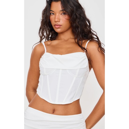 White Woven Cowl Neck Detail Strappy Dip Hem Corset