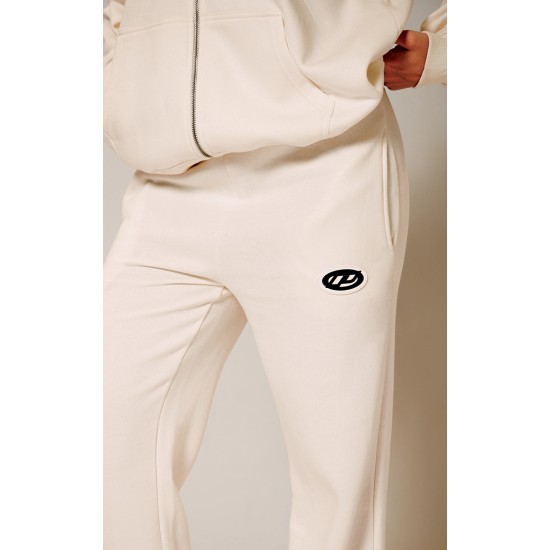 PRETTYLITTLETHING Cream Contrast Logo Badge Wide Leg Sweatpants