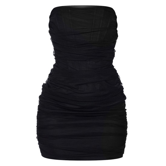 Shape Black Mesh Corset Detail Ruched Bodycon Dress