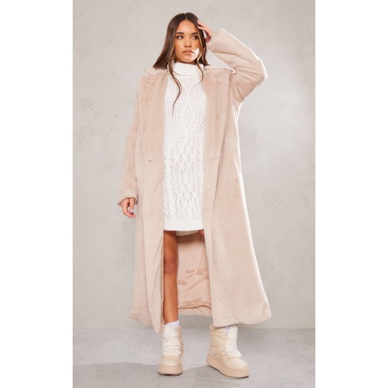 Beige Premium Soft Faux Fur Tailored Maxi Coat