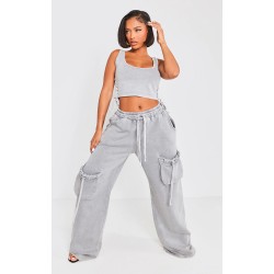 Shape Light Grey Washed Double Waistband Pocket Detail Wide Leg Sweatpants