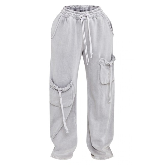 Shape Light Grey Washed Double Waistband Pocket Detail Wide Leg Sweatpants