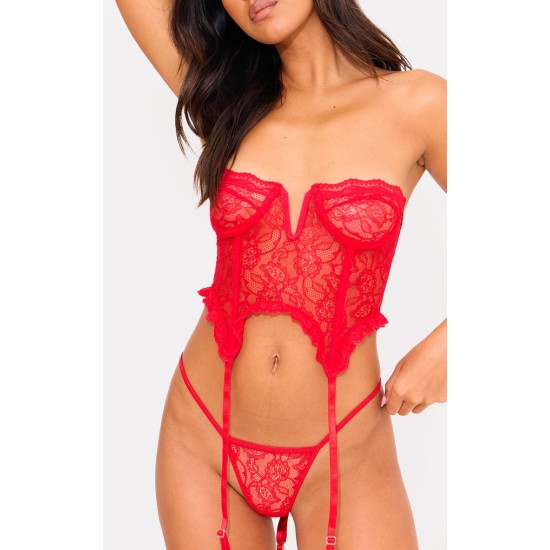 Red Lace Frill Underwired Corset Lingerie Set