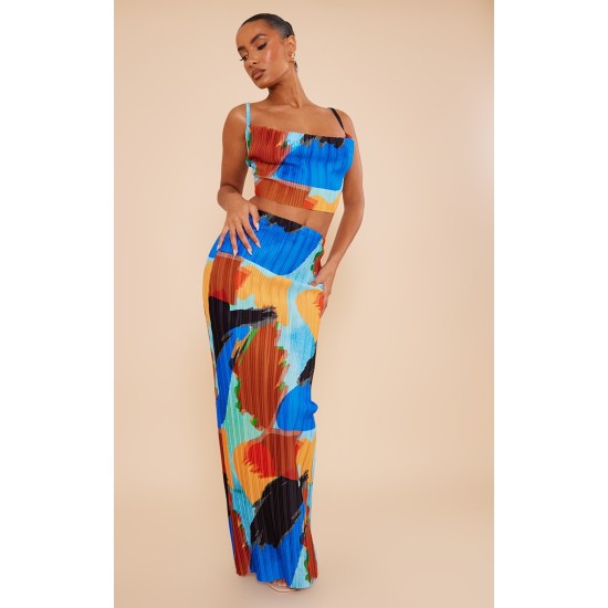 Blue Abstract Print Plisse Maxi Skirt