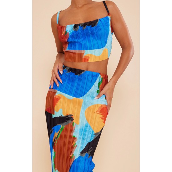 Blue Abstract Print Plisse Maxi Skirt