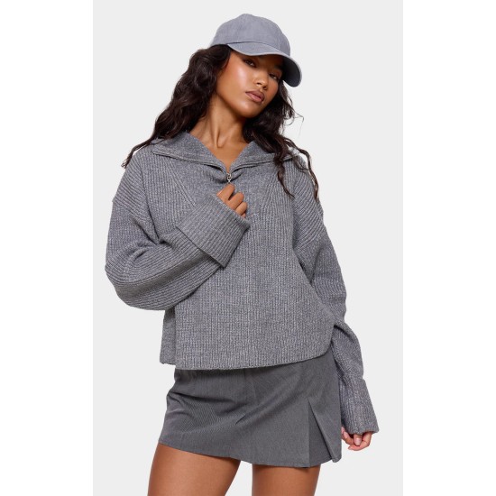 Charcoal Grey Marl Chunky Knit Half Zip Sweater