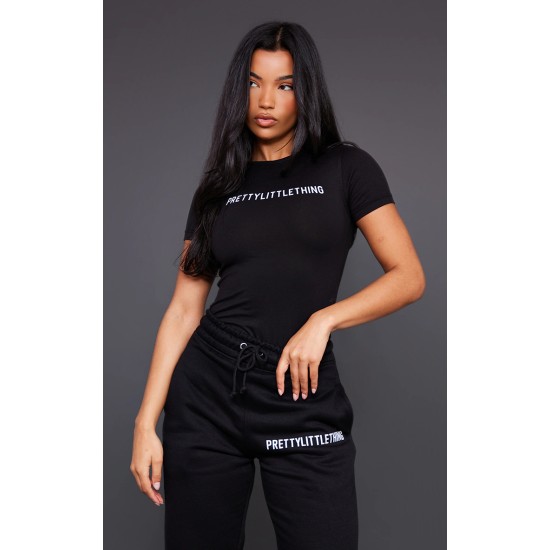 PRETTYLITTLETHING Black Logo Short Sleeved Bodysuit