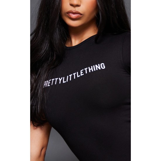 PRETTYLITTLETHING Black Logo Short Sleeved Bodysuit