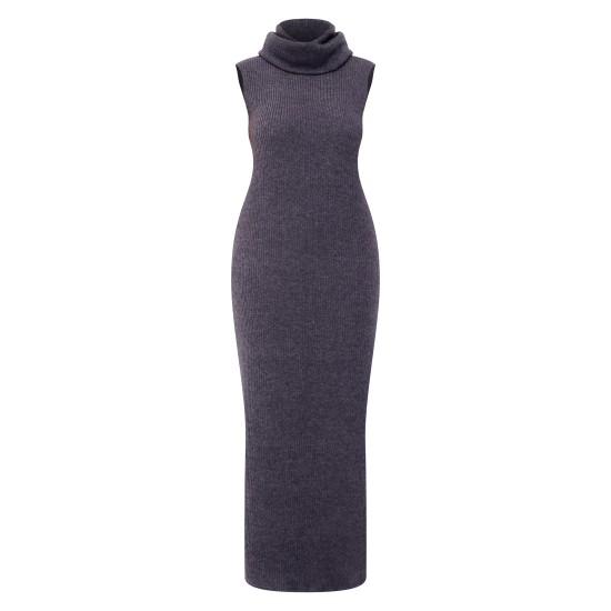 Plus Charcoal Brushed Rib Roll Neck Maxi Dress