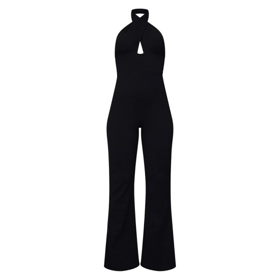 Black Cross Neck Tie Back Rib Jumpsuit